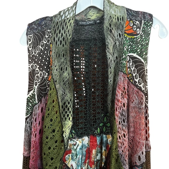 Dor Dor Couture Green Multi Mixed Media Artsy Sleeveless Sweater Cardigan Sz M - Picture 3 of 9